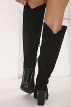 Knee High Black Suede Cowboy Block Heel Boot