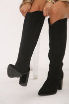 Knee High Black Suede Cowboy Block Heel Boot