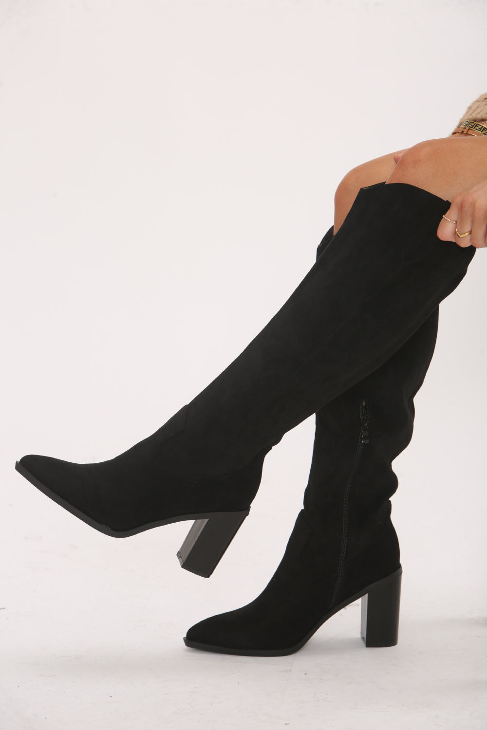 Knee High Black Suede Cowboy Block Heel Boot