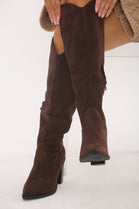 Knee High Brown Suede Cowboy Block Heel Boot