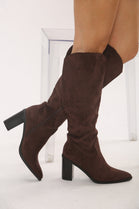 Knee High Brown Suede Cowboy Block Heel Boot