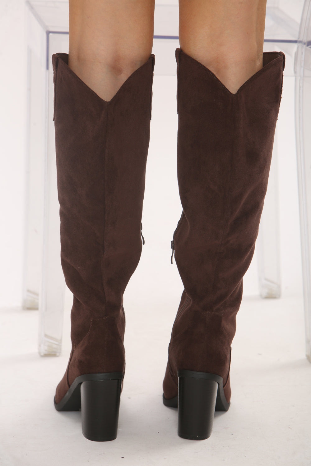 Knee High Brown Suede Cowboy Block Heel Boot