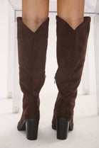 Knee High Brown Suede Cowboy Block Heel Boot