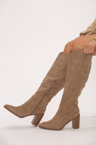 Knee High Camel Suede Cowboy Block Heel Boot
