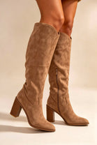 Knee High Camel Faux Suede Block Heel Cowboy Boots