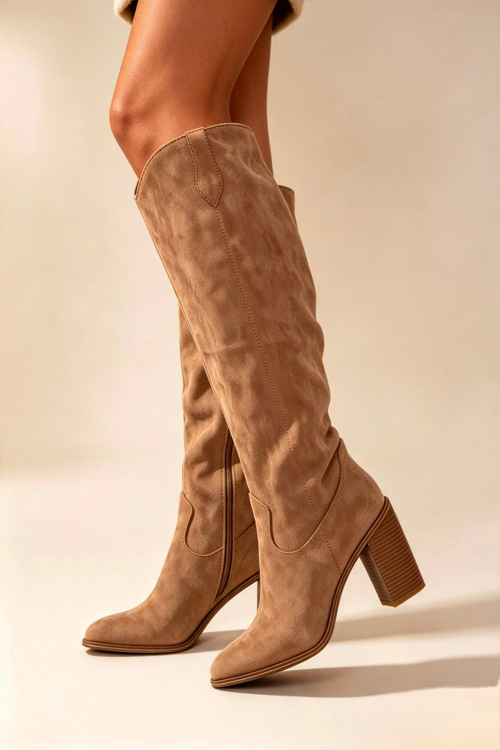 Knee High Camel Faux Suede Block Heel Cowboy Boots