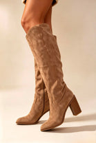 Knee High Camel Faux Suede Block Heel Cowboy Boots