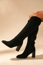 Knee High Black Faux Suede Block Heel Cowboy Boots