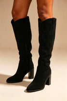 Knee High Black Faux Suede Block Heel Cowboy Boots