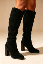 Knee High Black Faux Suede Block Heel Cowboy Boots