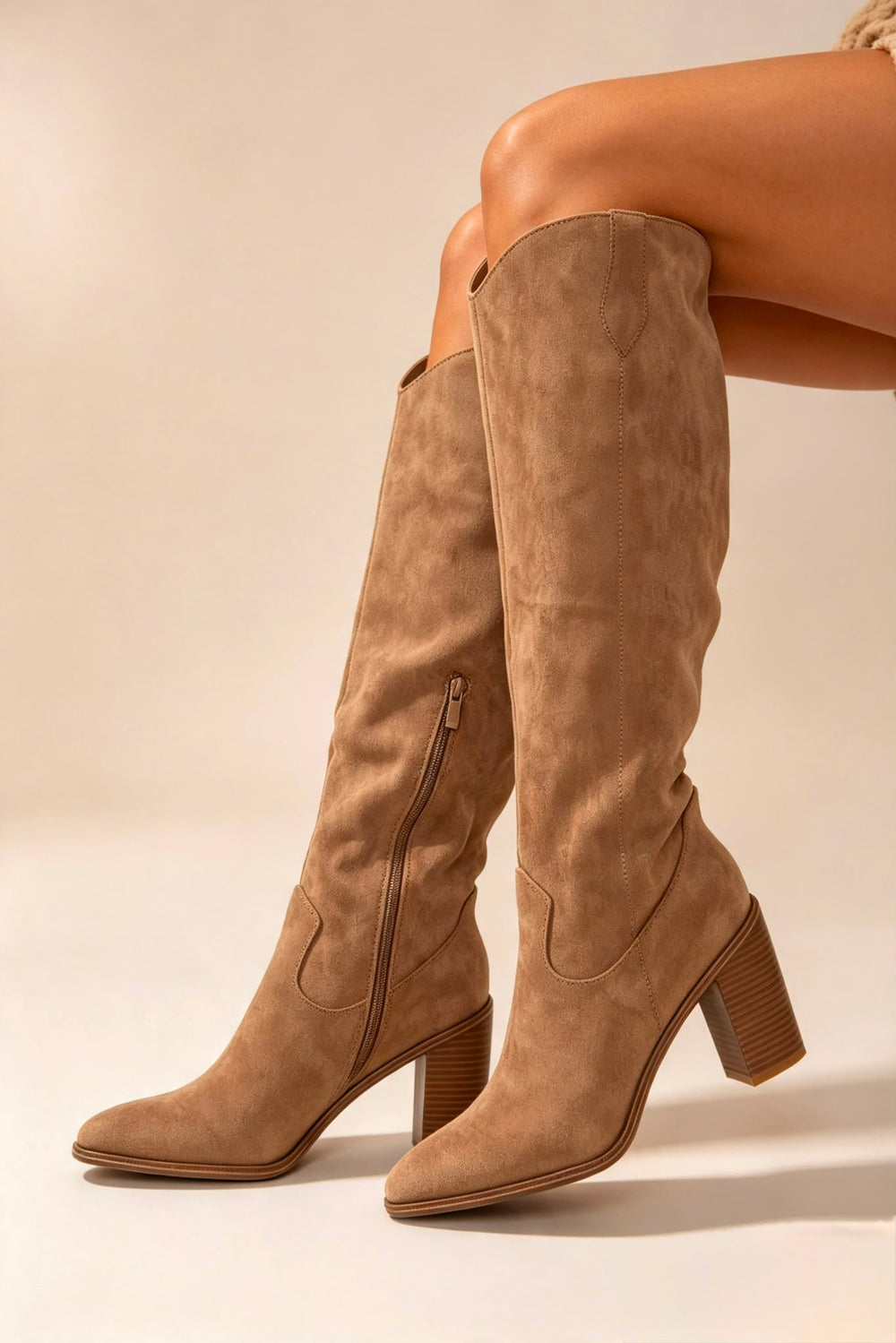 Knee High Camel Faux Suede Block Heel Cowboy Boots