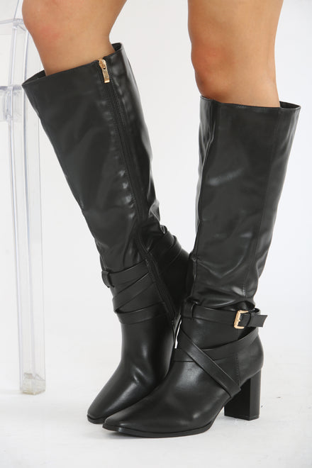 BLACK KNEE HIGH BLOCK HEELED BOOT