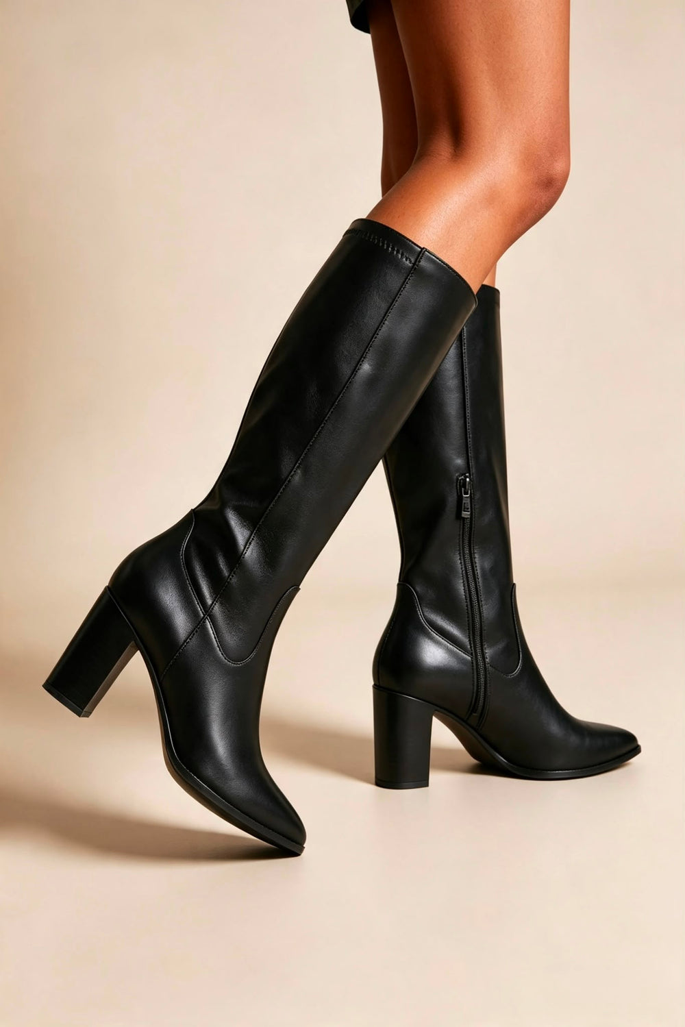 Black PU Block Heel Knee High Stretch Boots