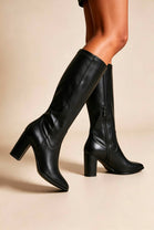 Black PU Block Heel Knee High Stretch Boots