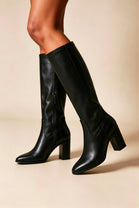 Black PU Block Heel Knee High Stretch Boots