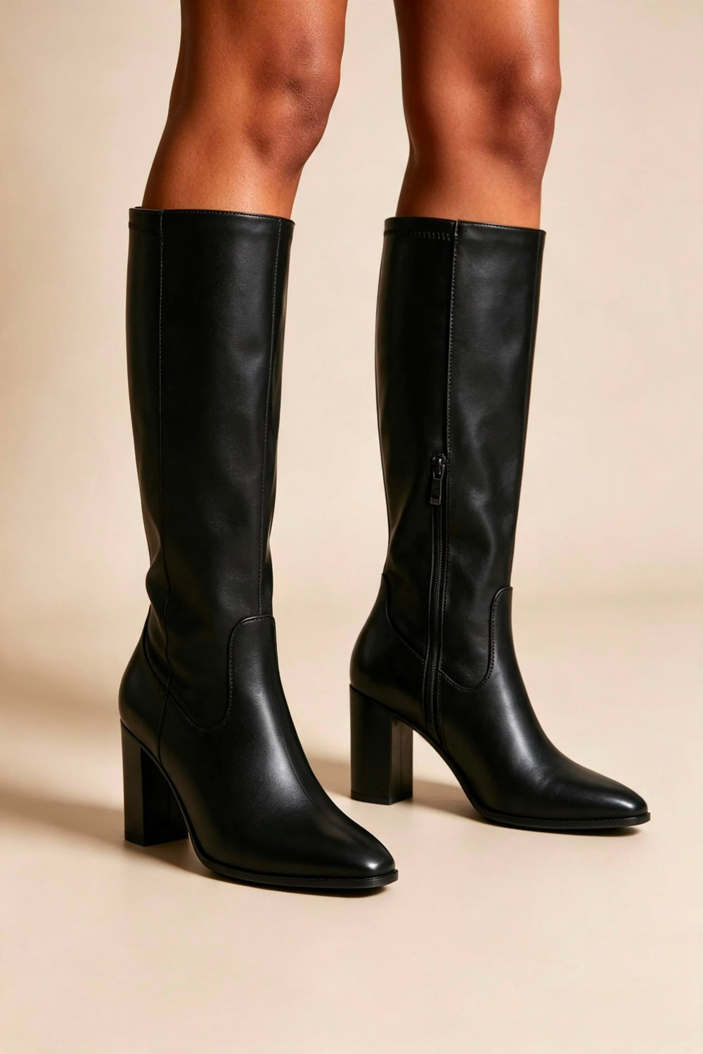 Black PU Block Heel Knee High Stretch Boots