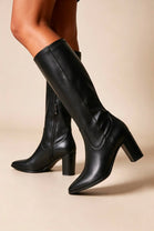 Black PU Block Heel Knee High Stretch Boots