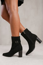 Black Suede Block Heel Boot With Buckle Detail