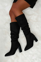Black Suede Knee High Slouch Block Heel Winter Boots