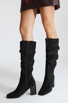 Knee High Black Suede Slouch Block Heel Boot