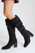 Knee High Black Suede Slouch Block Heel Boot