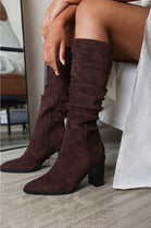 Knee High Brown Suede Slouch Block Heel Boot