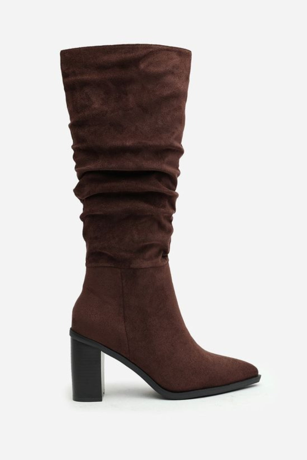 Knee High Brown Suede Slouch Block Heel Boot