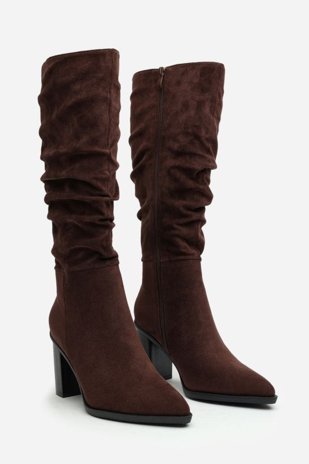 Knee High Brown Suede Slouch Block Heel Boot