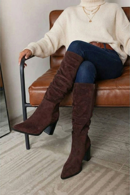 Brown Suede Knee High Slouch Block Heel Winter Boots