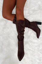 Brown Suede Knee High Slouch Block Heel Winter Boots