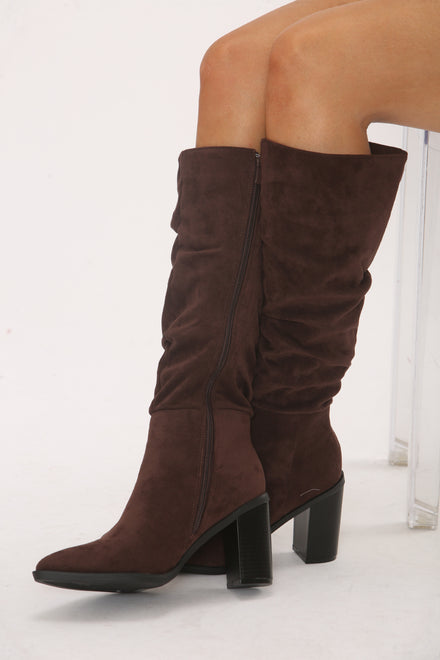 Knee High Brown Suede Slouch Block Heel Boot
