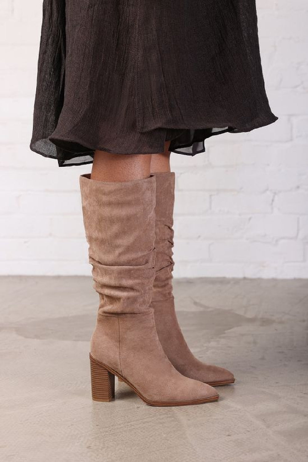 Knee High Camel Suede Slouch Block Heel Boot