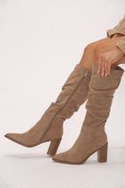 Knee High Camel Suede Slouch Block Heel Boot