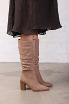 Knee High Camel Suede Slouch Block Heel Boot