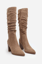 Knee High Camel Suede Slouch Block Heel Boot
