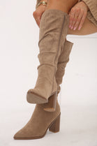 Knee High Camel Suede Slouch Block Heel Boot
