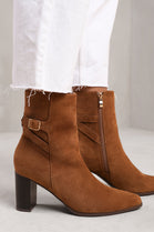 Cognac Suede Block Heel Boot With Buckle Detail