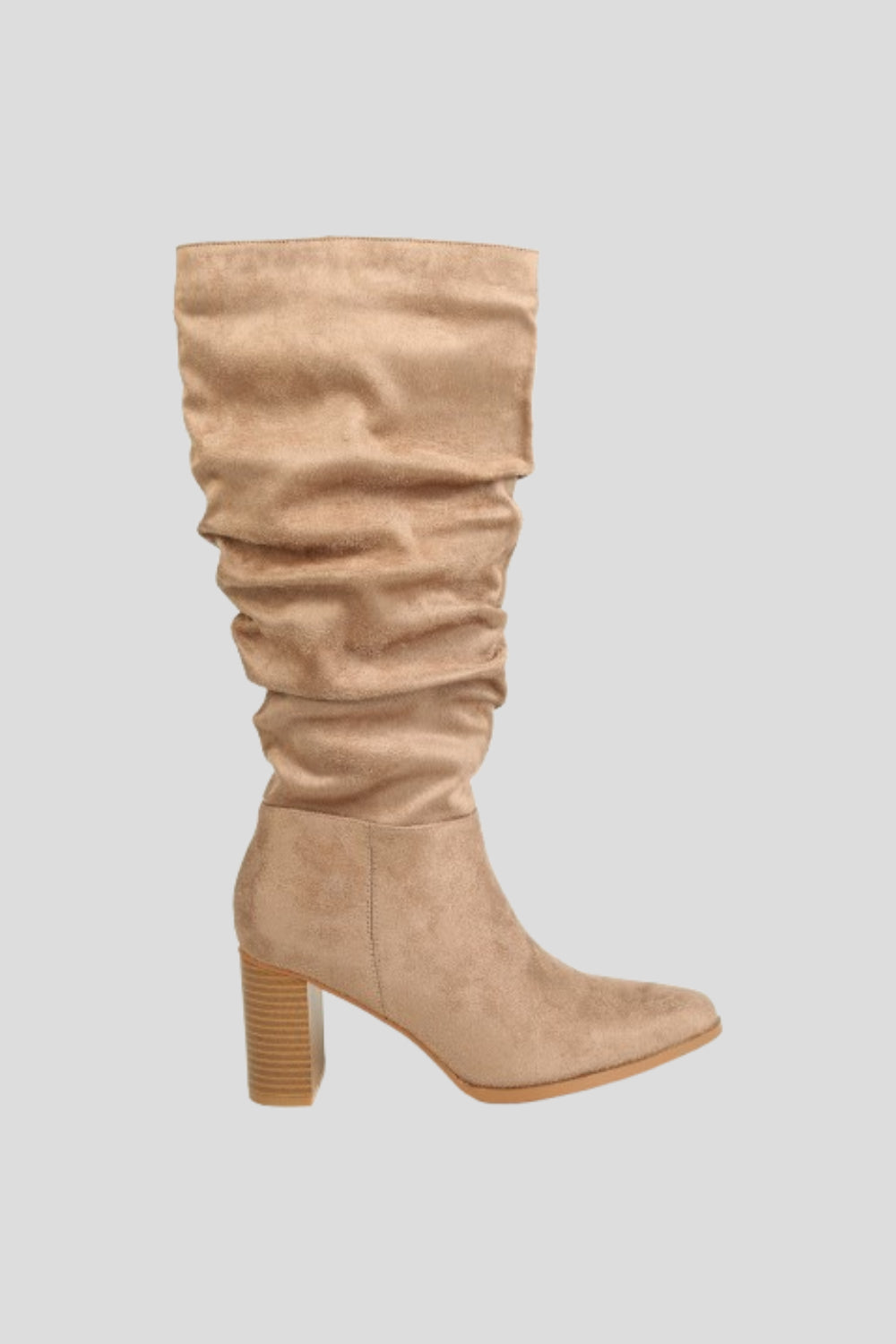 Knee High Mocha Suede Slouch Block Heel Boot