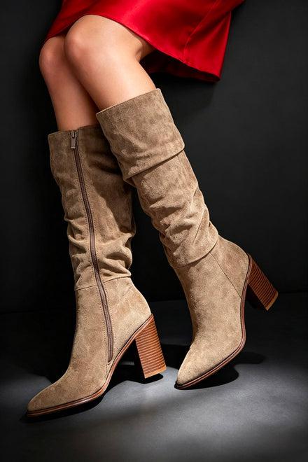 Camel Suede Knee High Slouch Block Heel Winter Boots