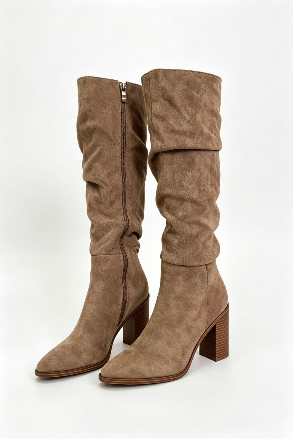 Camel Suede Knee High Slouch Block Heel Winter Boots