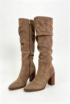 Camel Suede Knee High Slouch Block Heel Winter Boots