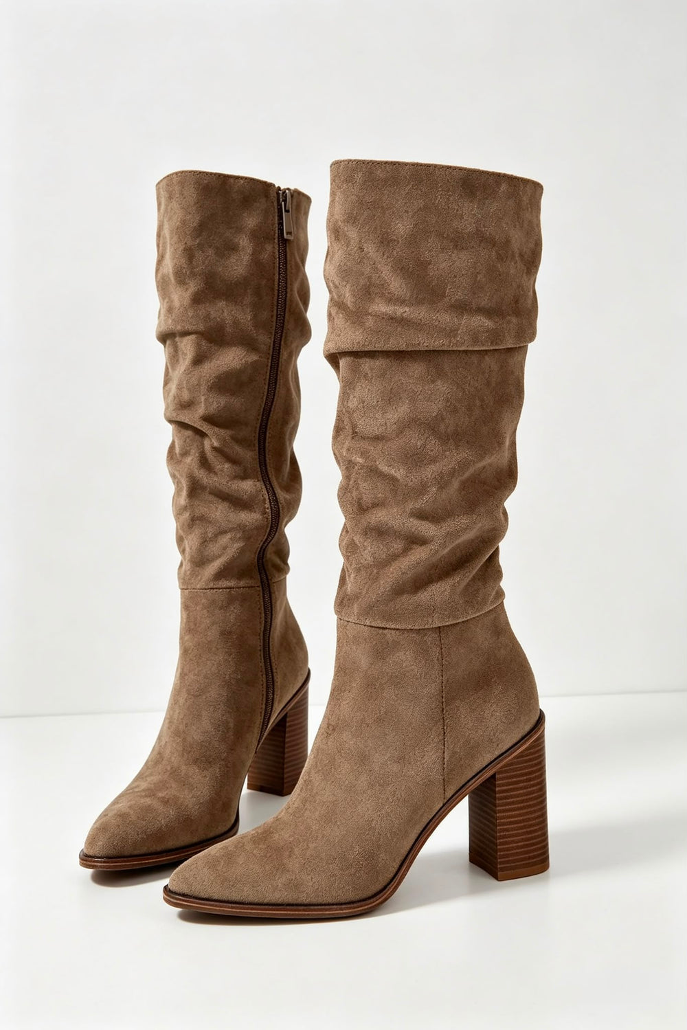 Camel Suede Knee High Slouch Block Heel Winter Boots