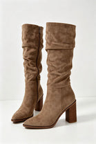Camel Suede Knee High Slouch Block Heel Winter Boots