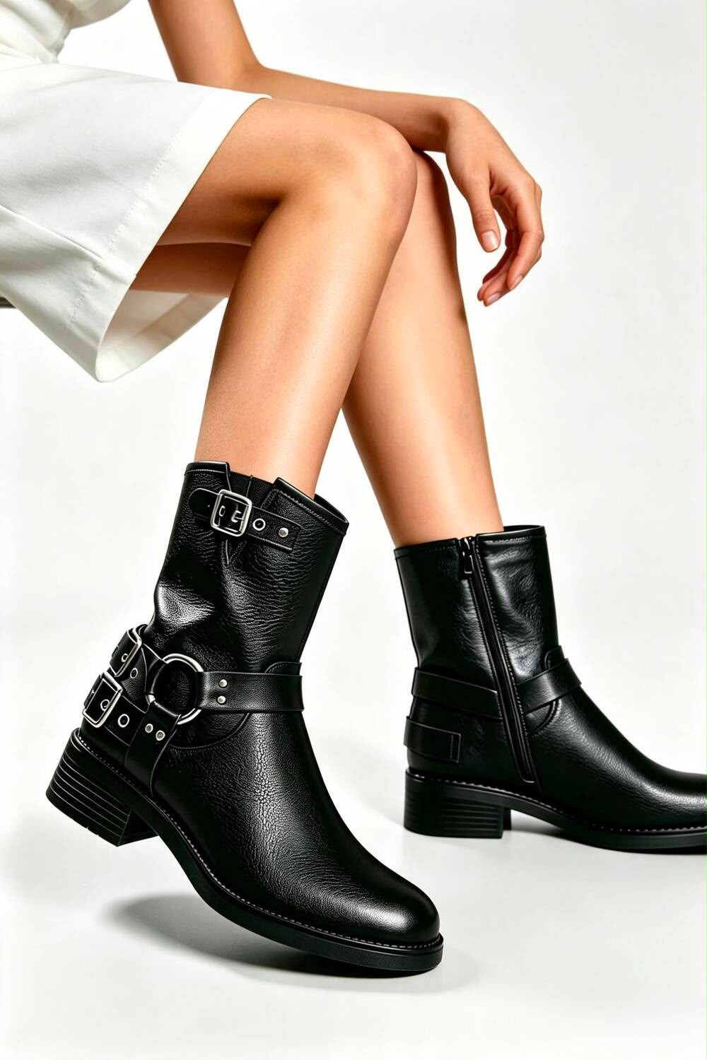 Black PU Ankle Biker Boots with Buckle Detail and Block Heel