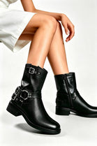 Black PU Ankle Biker Boots with Buckle Detail and Block Heel