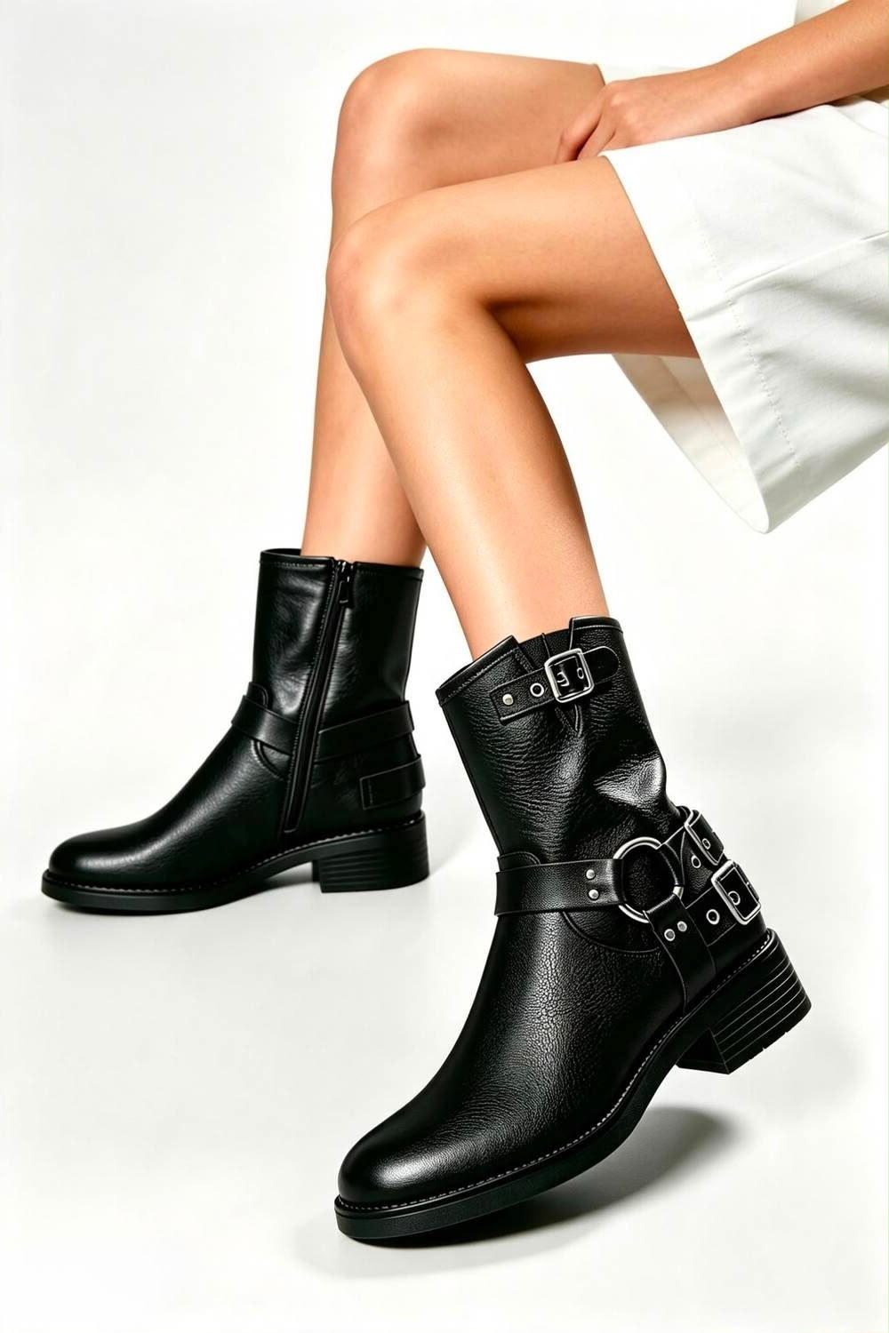Black PU Ankle Biker Boots with Buckle Detail and Block Heel