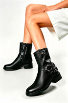 Black PU Ankle Biker Boots with Buckle Detail and Block Heel