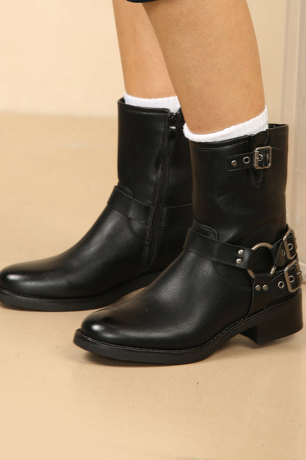 Black PU Buckle Ankle Heeled Biker Boot