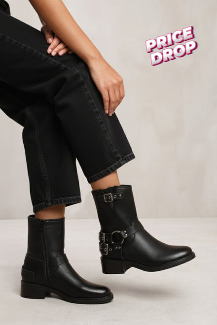 Black PU Buckle Ankle Heeled Biker Boot