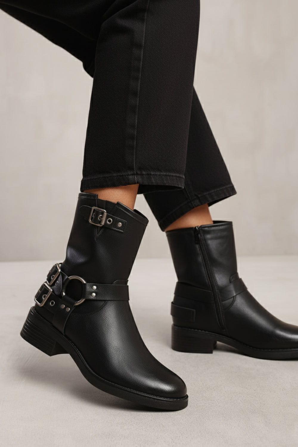 Black PU Buckle Ankle Heeled Biker Boot